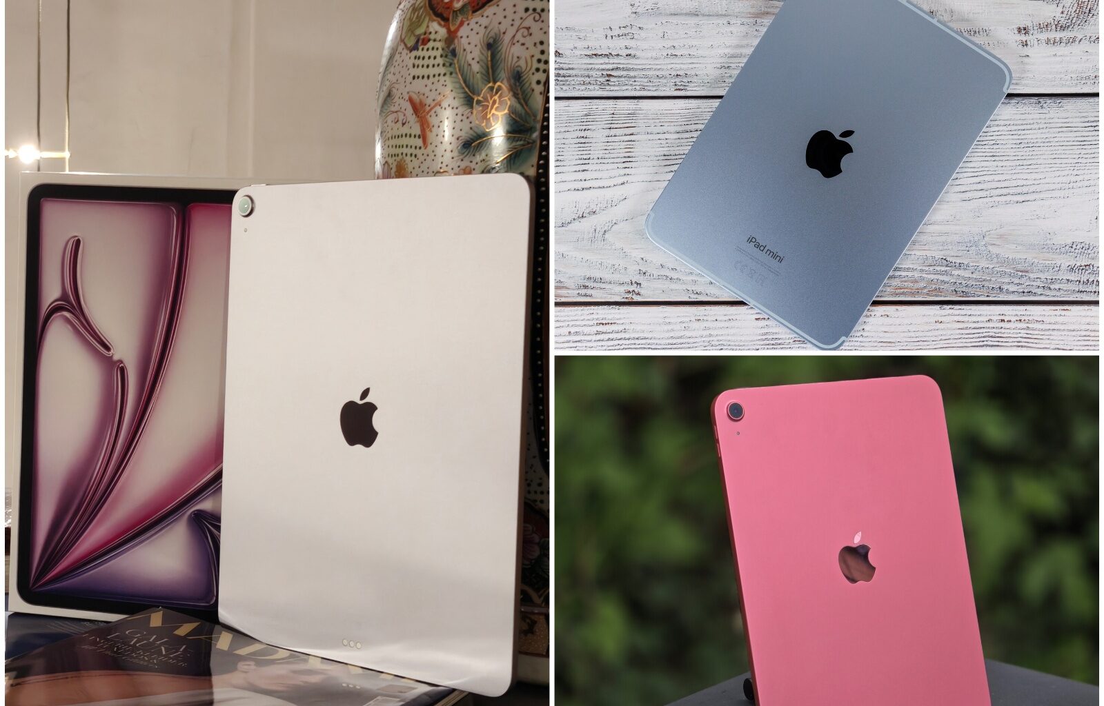 Ett collage med tre bilder som visar en silverfärgad iPad med sin låda, en blå iPad mini på en träyta och en rosa iPad utomhus. (Bildkälla: Notebookcheck)