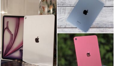 Ett collage med tre bilder som visar en silverfärgad iPad med sin låda, en blå iPad mini på en träyta och en rosa iPad utomhus. (Bildkälla: Notebookcheck)