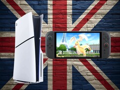 Konsolerna PS5 och Switch 2 visas på en bakgrund av Union Jack-flaggan (Bildkälla: Sony PlayStation, Nintendo med ändringar)