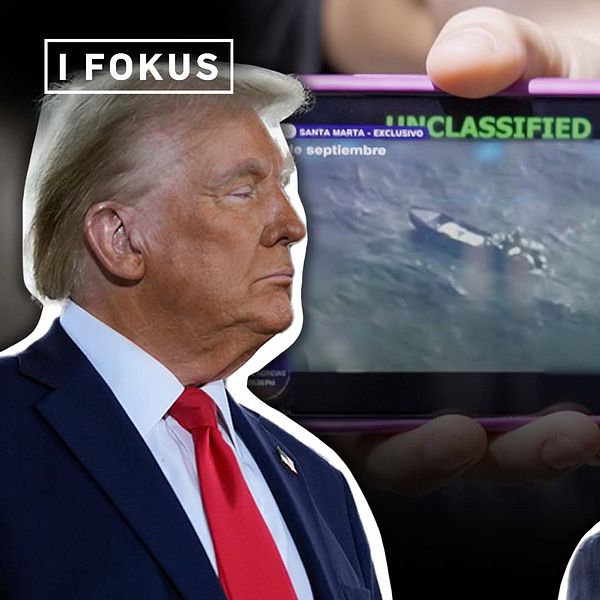 Två män i kostym framför en mobil med militärbild, tema USA:s militära aktivitet i Latinamerika.