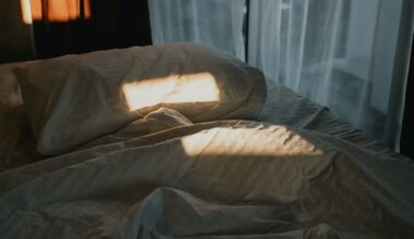 Morgonljus landar fläckvis på en säng med en vit huvudkudde och vitt lakan, gardin bakom.