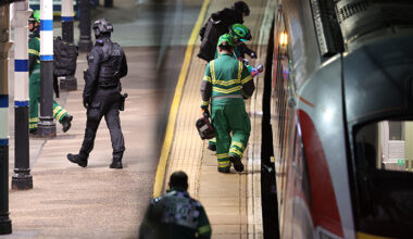 Tåget står vid stationen. Poliser och räddningstjänst går runt utanför det.