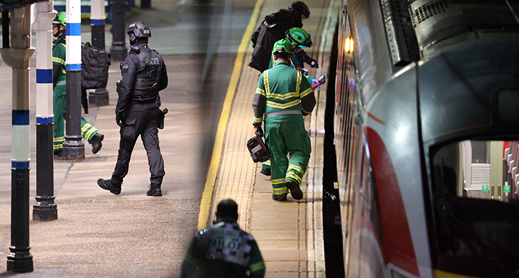 Tåget står vid stationen. Poliser och räddningstjänst går runt utanför det.
