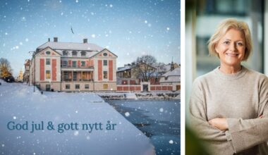 Residenset i vinterskrud och kvinna i beige stickad tröja som ler in i kameran