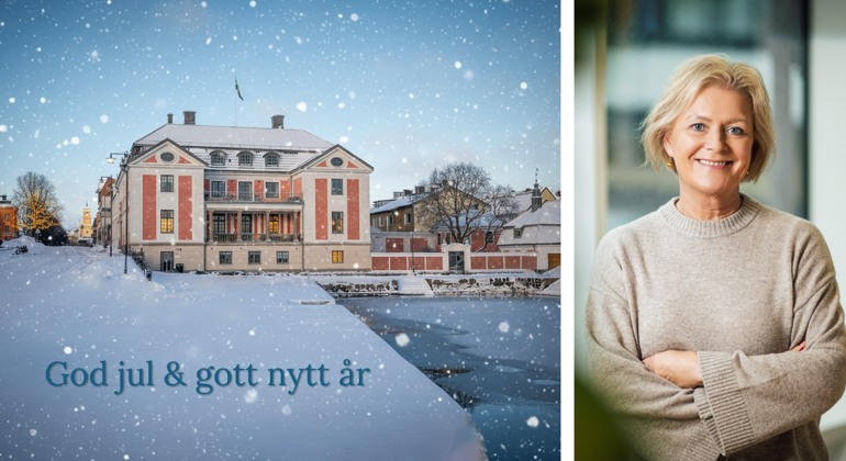 Residenset i vinterskrud och kvinna i beige stickad tröja som ler in i kameran