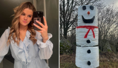 Regn och rusk stoppade inte Ida Svensson, 18, från att göra en flera meter hög snögubbe.