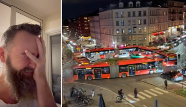 Bussar fast i rondell vid Alexanders Kiellands plass