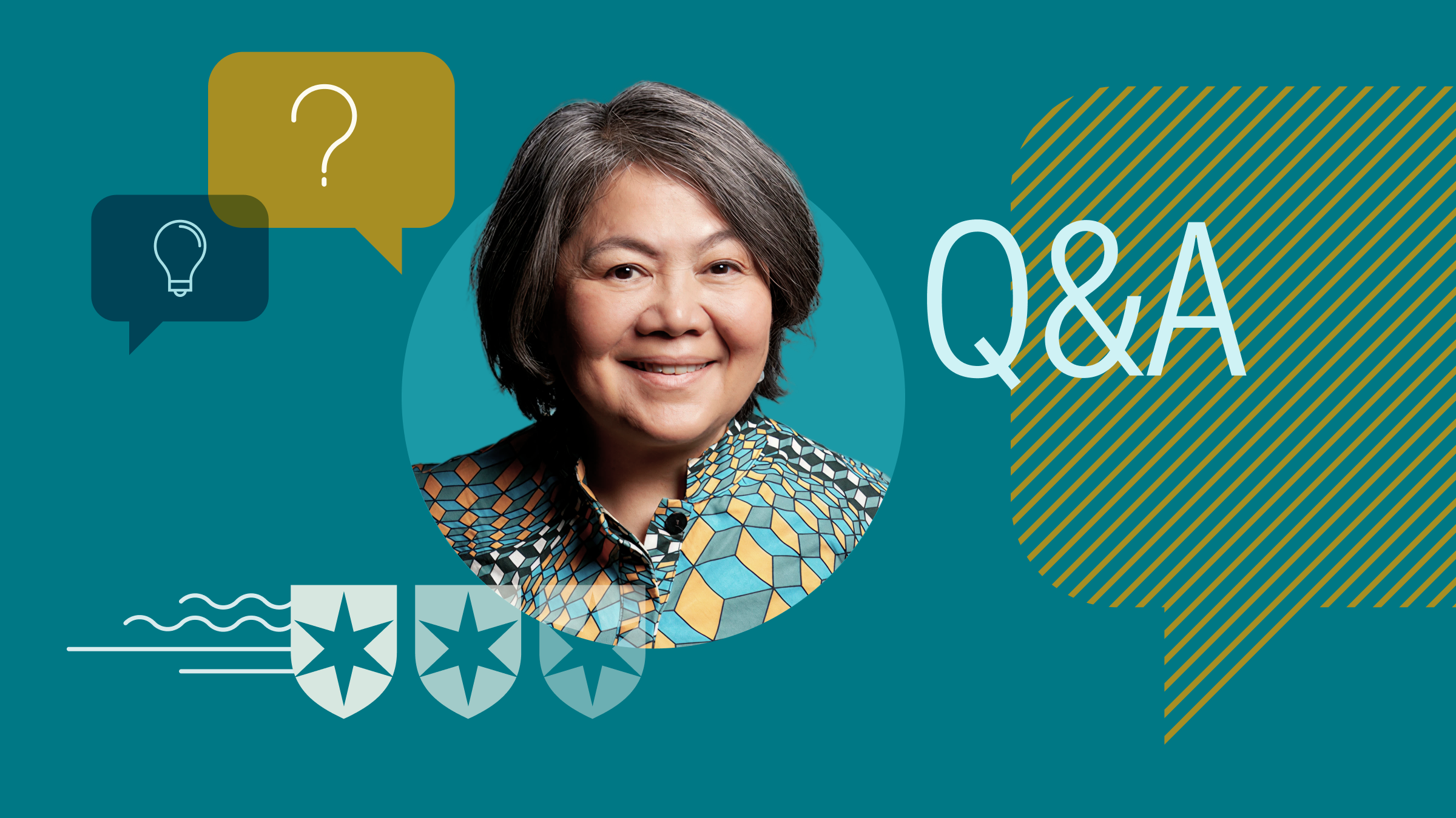 A illustration, featuring Leslie Norton, is framed by graphics including speech bubbles with a question mark and a lightbulb, shield-like icons, and the text "Q&A."