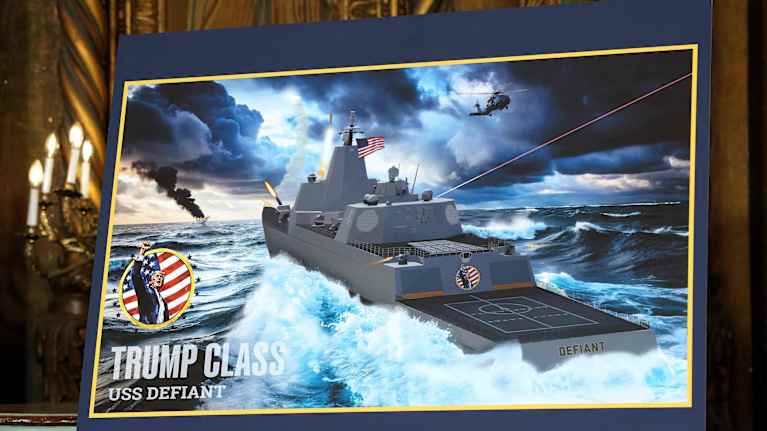 Målad bild av ett amerikanskt krigsfartyg med Trumps logo.