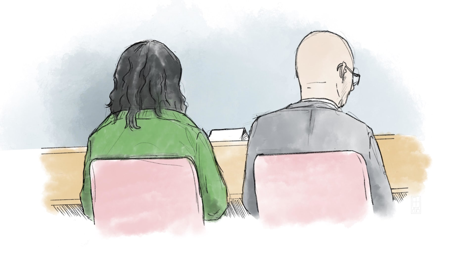 Rättegångsteckning föreställande den åtalade 18-åringen och försvarsadvokat Johan Åkermark vid huvudförhandling om förberedelse till terroristbrott i Stockholms tingsrätts högsäkerhetssal.