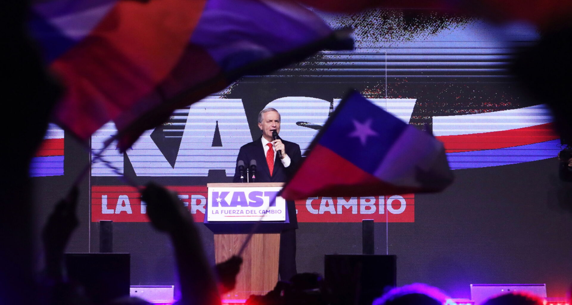 Presidential candidate Jose Antonio Kast of the Republican Party, addresses supporters after early results in the general elections in Santiago, Chile
