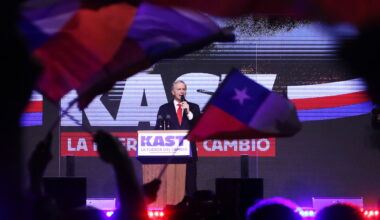 Presidential candidate Jose Antonio Kast of the Republican Party, addresses supporters after early results in the general elections in Santiago, Chile
