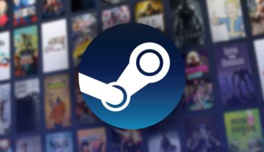 Steam logo over a blurred background of Steam game library
