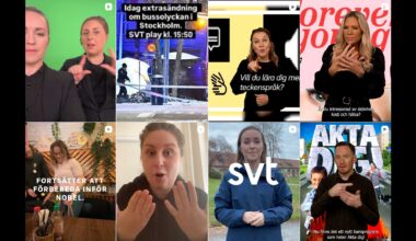 Kollage med inlägg från teckenspråkstolkarnas konto där flera olika tolkar tecknar.