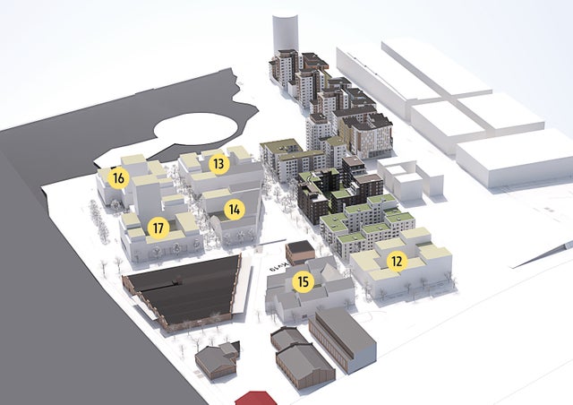 Visionsbild Munksjöstaden. Kvarter 15 och 12 är snart klara. Närmaste åren väntar utveckling av bland annat kvarteren 13,14,16 och 17.