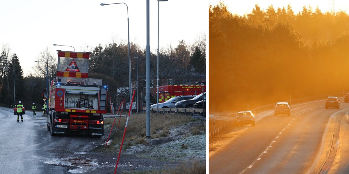 Blixthalka på E4 vid Månkarbo stoppar körfält