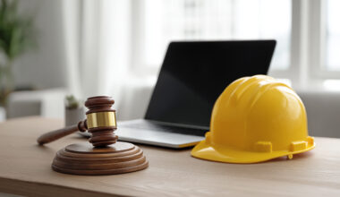 En klubba, en laptop och en bygghjälm på ett skrivbord