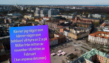 Vy över Möllevången i Malmö och annons från Facebook.