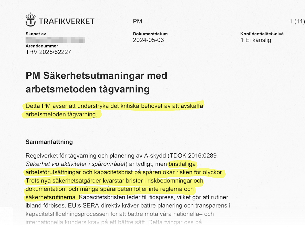Ett svenskt dokument från Trafikverket tar upp säkerhetsproblem med metoden tågvarning och har gulmarkerad text om brister.
