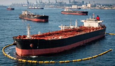 Tankfartyg med rysk olja väntar utanför asiatiska hamnar i brist på köpare. Symbolbild: AI-genererad bild. Ej ett fotografi. Upphovsrätt © Conventus