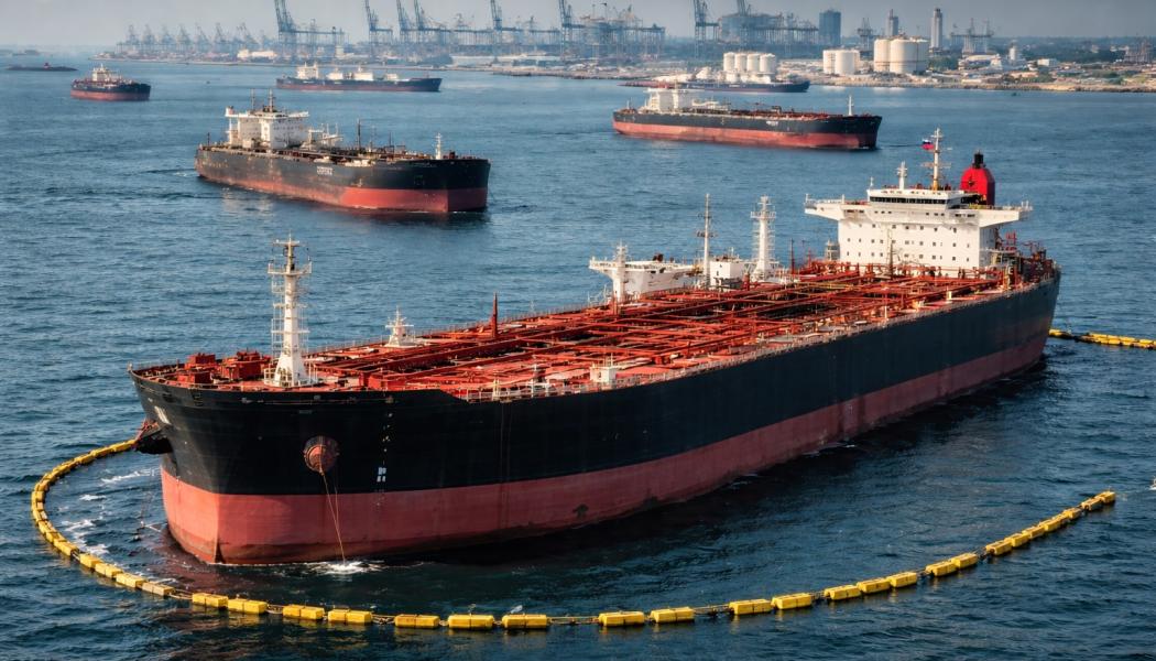 Tankfartyg med rysk olja väntar utanför asiatiska hamnar i brist på köpare. Symbolbild: AI-genererad bild. Ej ett fotografi. Upphovsrätt © Conventus