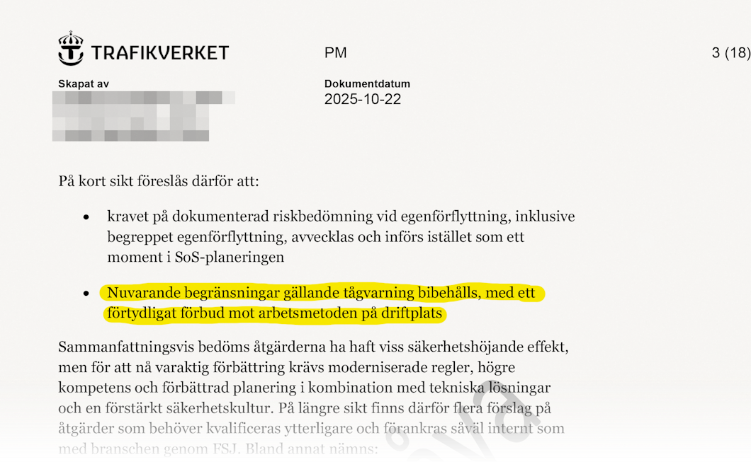 Ett dokument från Trafikverket med förslag rörande arbetsmetoden tågvarning. Ett gulmarkerat stycker säger att den bör förbjudas på driftplatser.