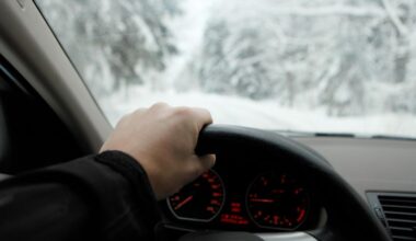 Närbild på hand och ratt, i bakgrunden ett vintrigt landskap som syns genom vindrutan.