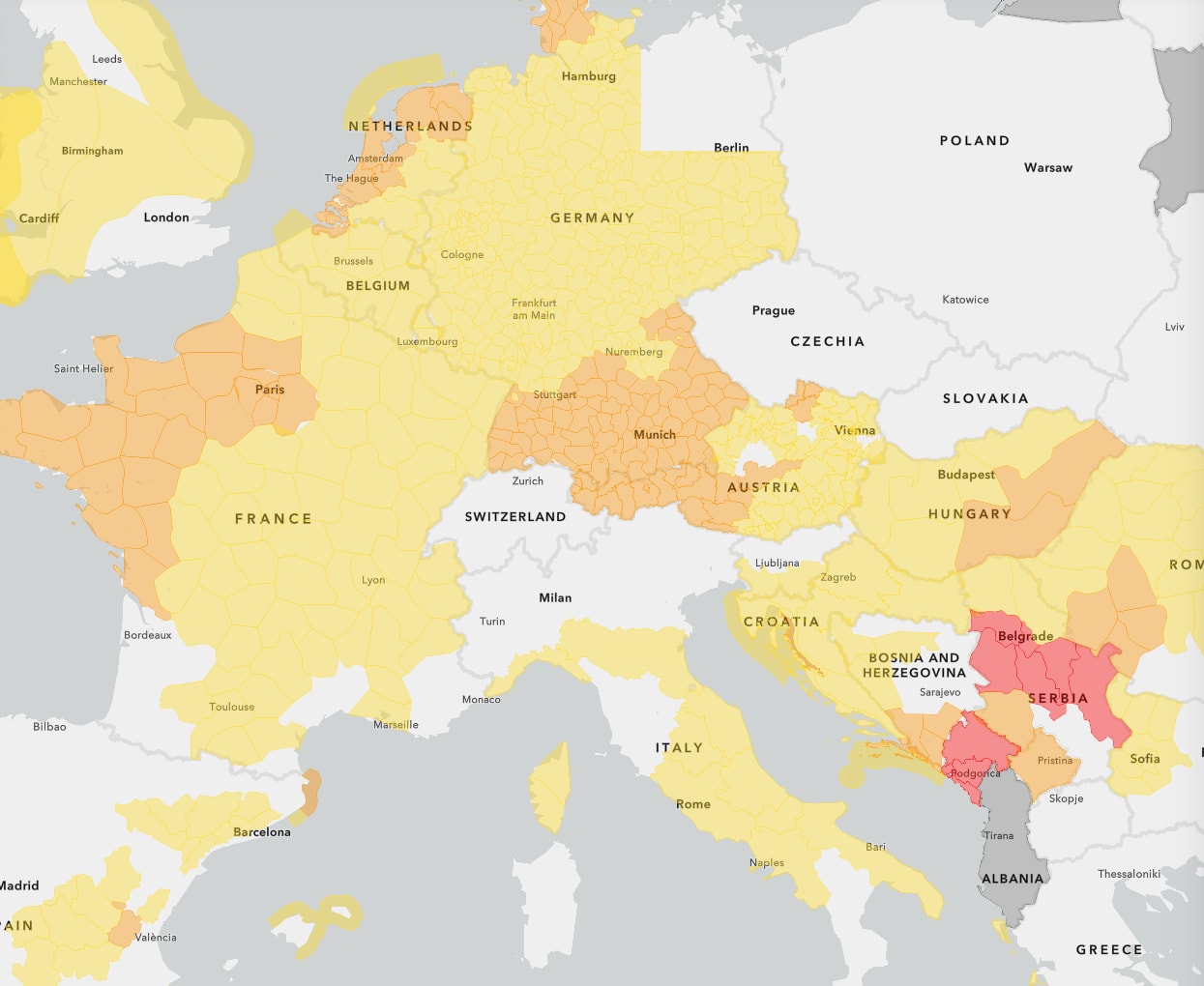 Även Europa täcks av vädervarningar.