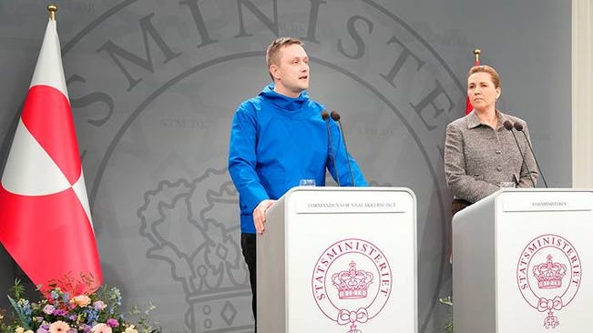 Grönlands regeringschef Jens-Frederik Nielsen och Statsminister Mette Fredriksen. Foto:Liselotte Sabroe/TT