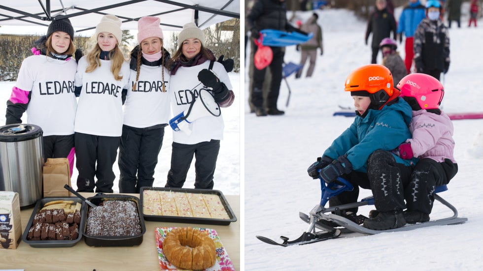 Hedda Häggström, Alise Adsten, Annaelle Flykt och Ella Dahlqvist går andra året på Wargens ekonomiprogram och ordnade pulkatävling i Kärringbacken på Frösön.