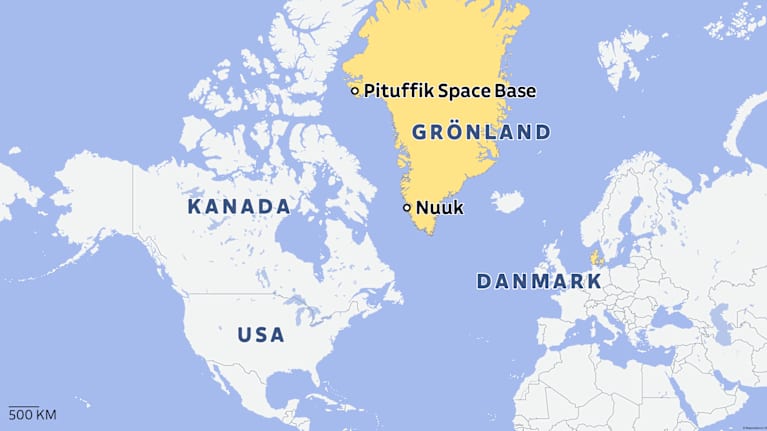 Karta över Grönland, Danmark, Kanada och USA med Pituffik Space Base och Nuuk på Grönland utmarkerade.