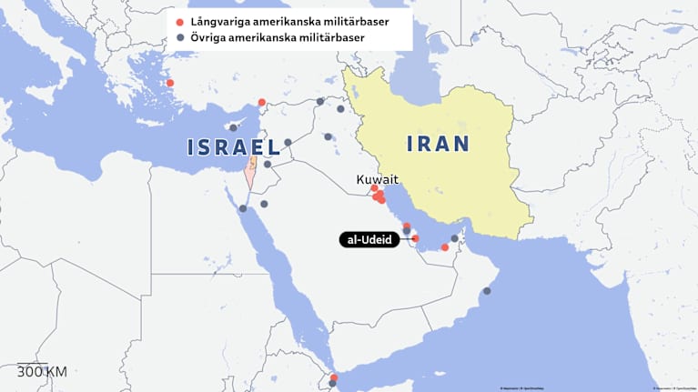 En karta över amerikanska militärbaser i Mellanöstern. Basen al-Udeid i Qatar är markerad. Även Iran och Israel är markerade.