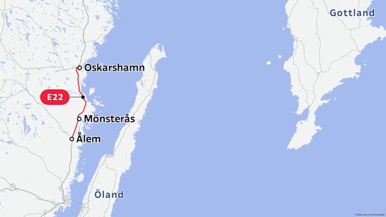 Karta över östra Småland. Oskarshamn, Mönsterås och Ålem, samt en bit av E22 är utmärkta.