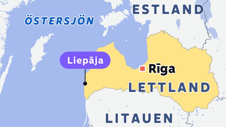 Karta över de baltiska länderna med staden Liepāja utmärkt.