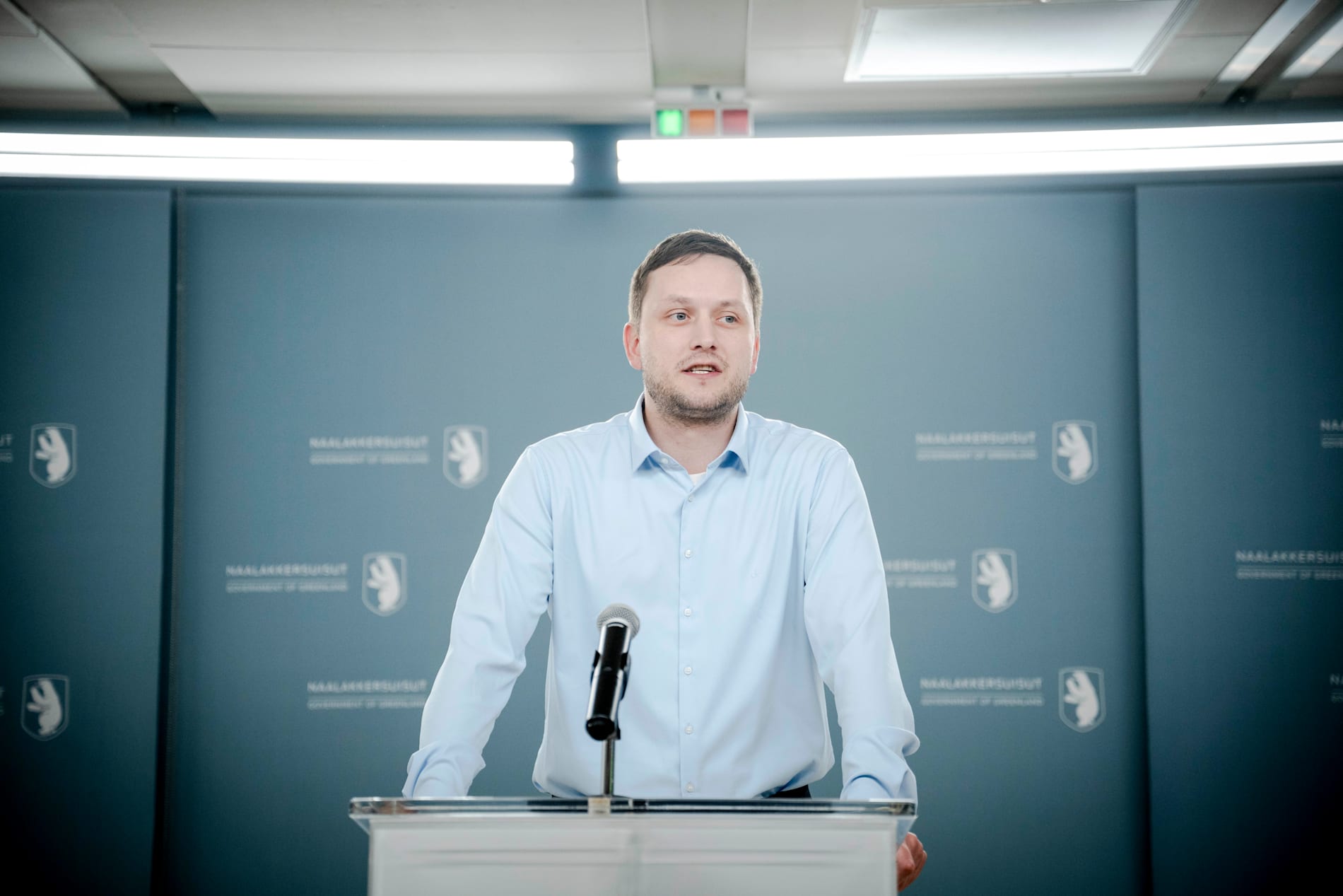 Grönlands regeringschef Jens-Frederik Nielsen på en presskonferens förra veckan.