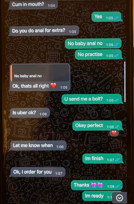 I chattutdrag från polisens förundersökning frågar den misstänkte bland annat om kvinnan kan gå med på analsex för extra betalning. 