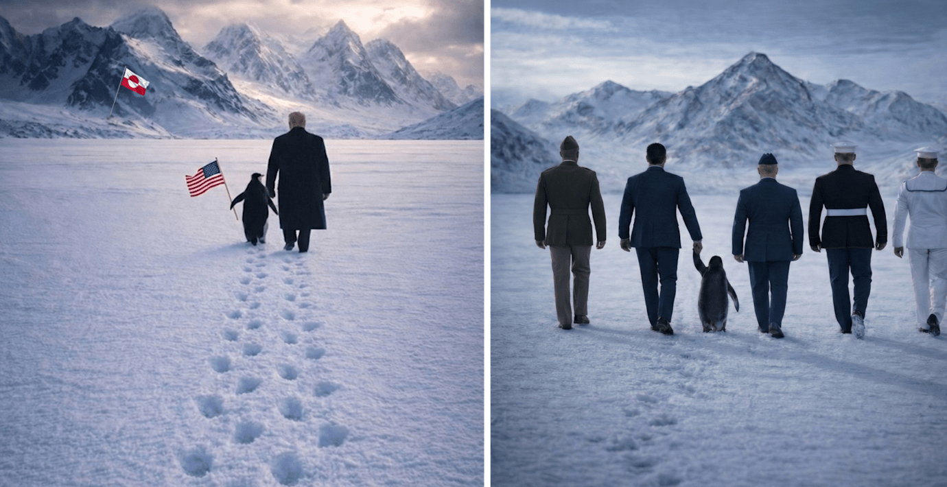 Pingvinmani i Vita huset – Trump vandrar med pingvin mot Grönland