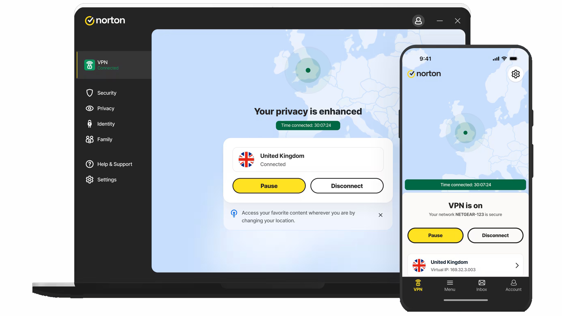 Nortons huvudsakliga VPN-gr&auml;nssnitt visas p&aring; en laptop och en telefon.