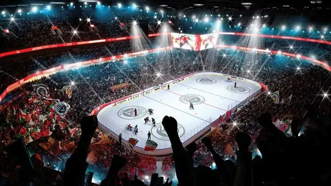 Så här tänker sig arkitekter att den nya multiarenan kan se ut under en hockeymatch.