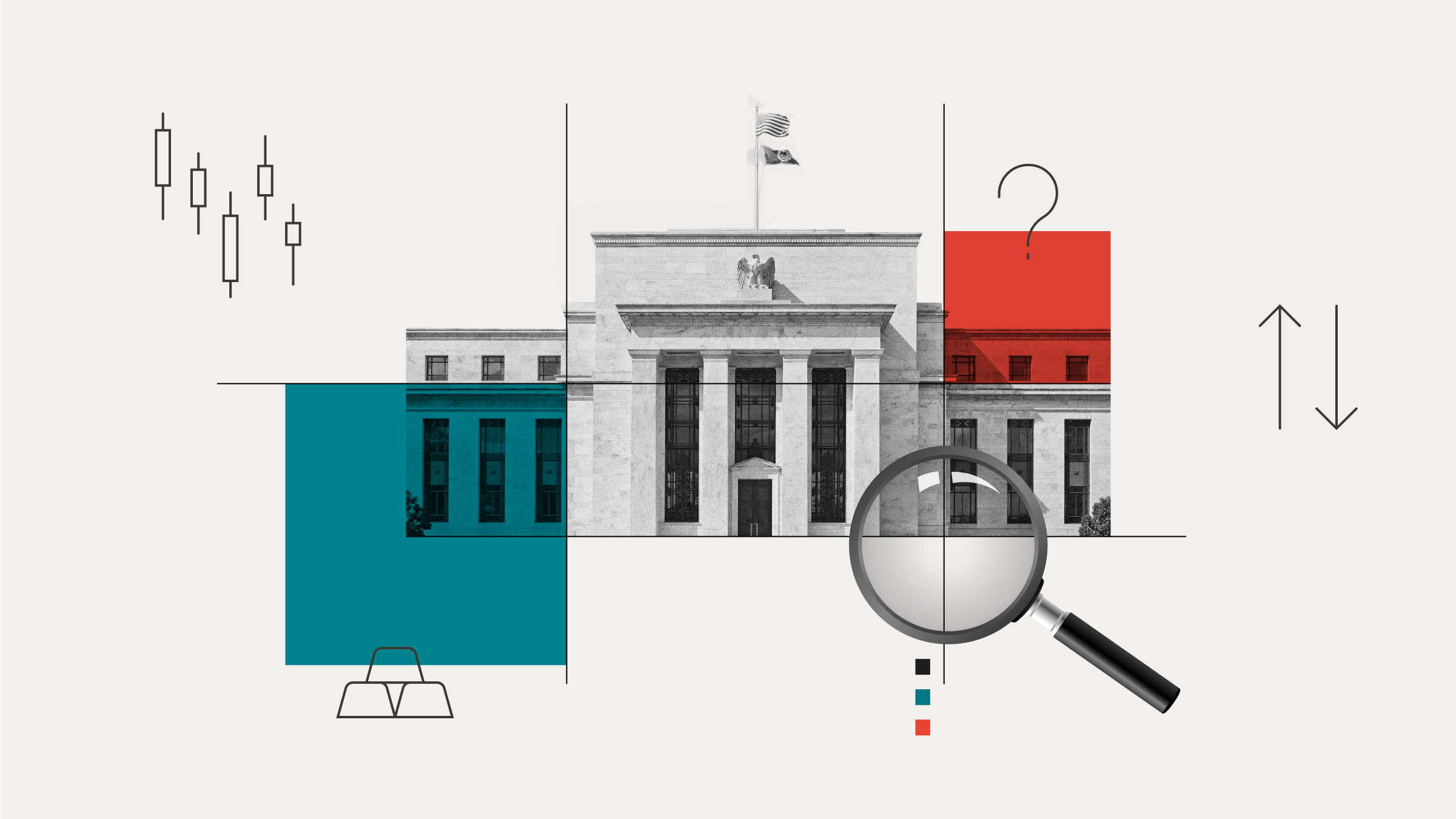 Collage illustration featuring the Federal Reserve under a magnifying glass with graph elements in the background.