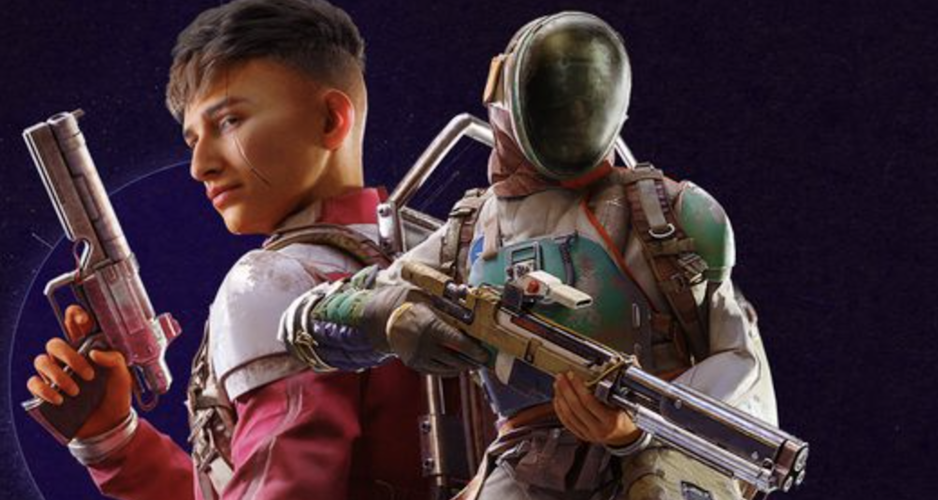 En raider i sidoprofil h&aring;ller upp en pistol, bredvid en raider i hj&auml;lm som h&aring;ller en rifle.