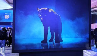 Intel Panther Lake promo on large display at CES 2026