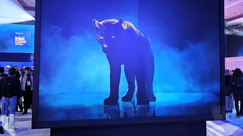 Intel Panther Lake promo on large display at CES 2026