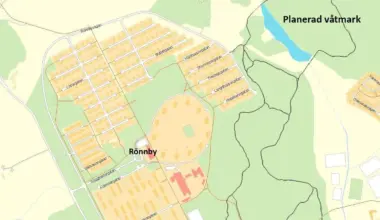 karta över området Rönnby i Västerås med markering för planerad plats för våtmark
