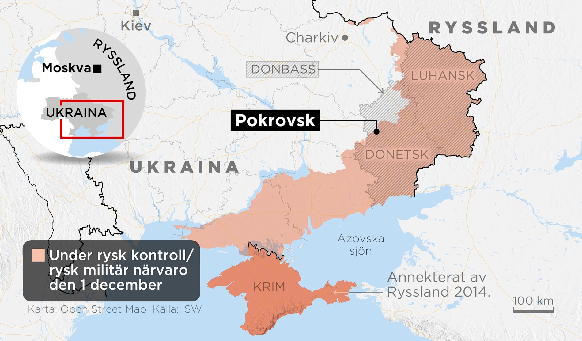 Områden i Ukraina under rysk kontroll eller med rysk militär närvaro den 1 december 2025.