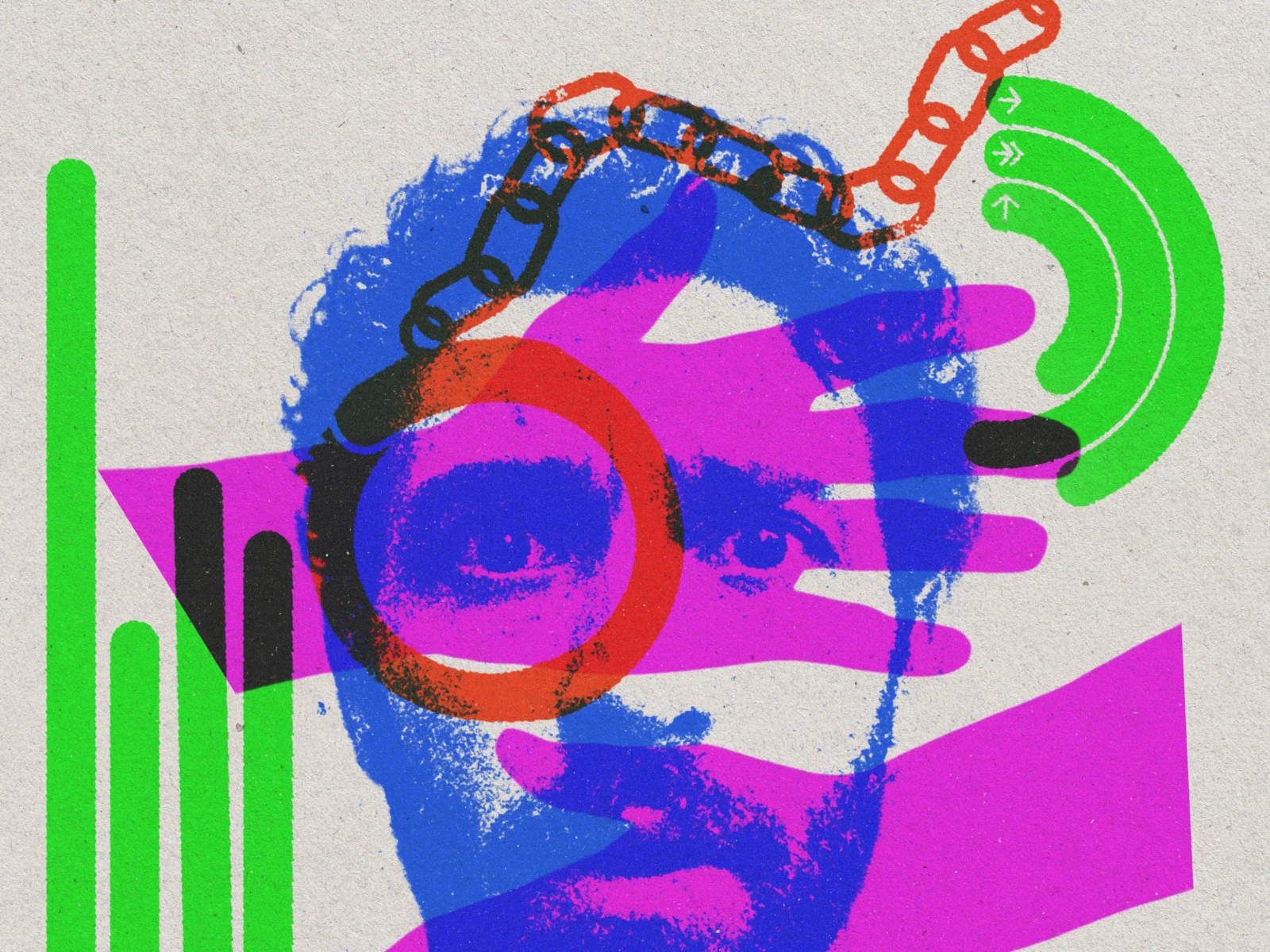 Färgstark illustration, person är fånge med sitt aktivitetsband.