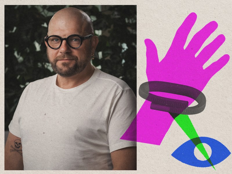 Porträtt på Martin Berg i en illustration med ett aktivitetsamband, en hand och ett öga.