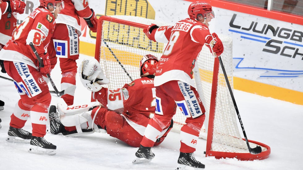 Vilgot Holm ligger ner och ser på när lagkamraterna ropar på domaren. Beslutet blev godkänt mål.