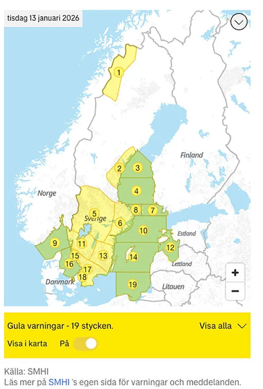 Under onsdagen väntas kraftigt snöfall. SMHI har gått med en gul varning med utbredd risk för ishalka i södra Sverige.