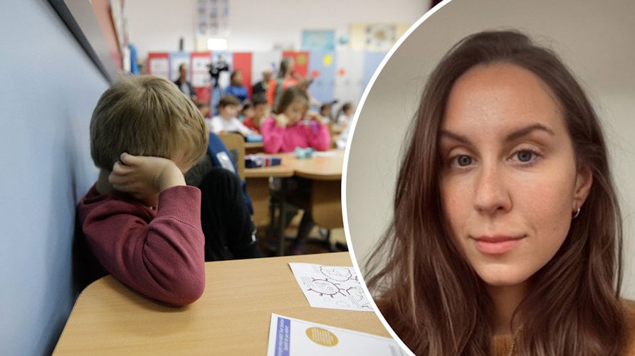 En genrebild av en pojke som sitter ensam i ett klassrum med huvudet i handen och ett porträtt av Elsa Zetterberg